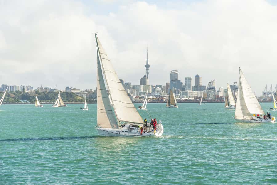 Yachts on the Waitemātā Harbour with the Auckland skyline behind